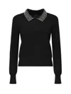 Pinko Classic Black Sweater With Embellished Collar And Ribbed Hem In Black