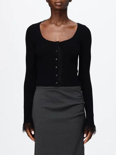 Pinko Cropped Cardigan In Silk And Cashmere Blend With Lace In Black