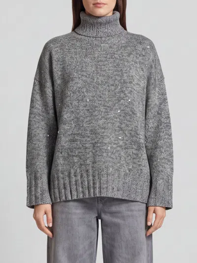 Pinko Crystal Embellished Turtleneck Relaxed Knit Sweater In Gray