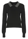 Pinko Black Polo Shirt With Crystal-decorated Collar And Logo Patch On The Back In Cashmere Woman In Black