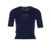 Pinko Crewneck Embroidered Tritone Ribbed Short Sleeves Sweater In Blue