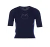 Pinko Crewneck Embroidered Tritone Ribbed Short Sleeves Sweater In Blue