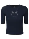 Pinko Crewneck Embroidered Tritone Ribbed Short Sleeves Sweater In Blue