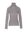 Pinko High-neck Ribbed Cashmere-blend Sweater With Lurex Cuffs In Grey