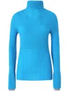 Pinko High-neck Ribbed Cashmere-blend Sweater With Lurex Cuffs In Turchese/grigio