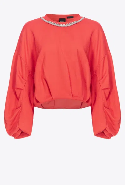 Pinko Sweatshirt With Bejewelled Neck In Rouge-douce-amère