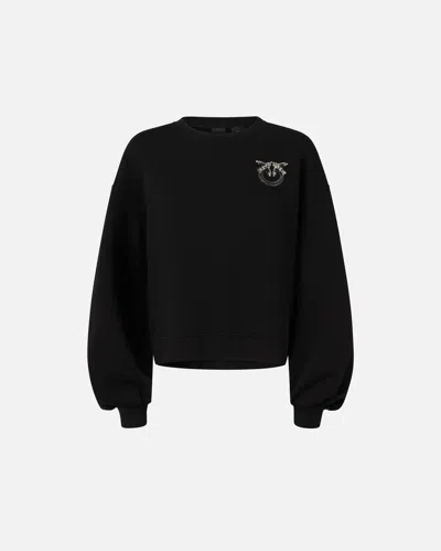 Pinko Sweatshirt With Wide Sleeves And Bejewelled Love Birds Embroidery In Limo Black