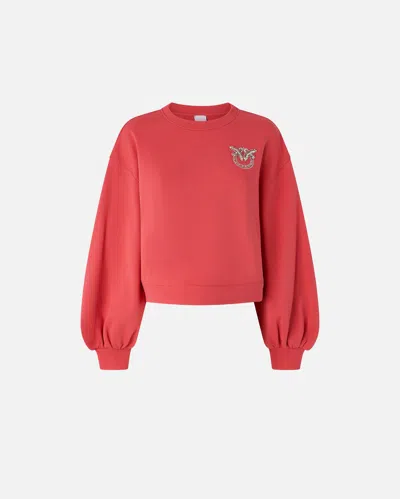 Pinko Sweatshirt With Wide Sleeves And Bejewelled Love Birds Embroidery In Red-tomato Sauce