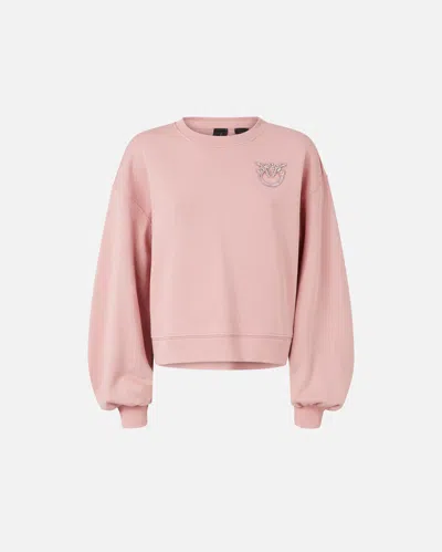 Pinko Sweatshirt With Wide Sleeves And Bejewelled Love Birds Embroidery In Zephyr Pink