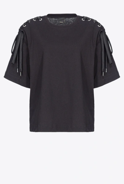 Pinko T-shirt With Criss-crossing Shoulder Lacing In Limo Black