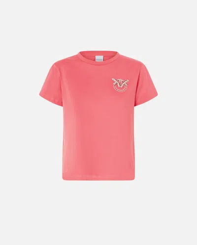 Pinko Short-sleeved T-shirt With Bejewelled Love Birds Embroidery In Red