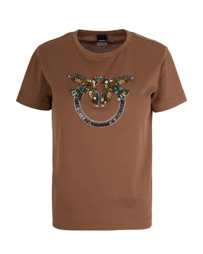 Pinko Short-sleeve Cotton T-shirt With Love Birds Logo In Brown