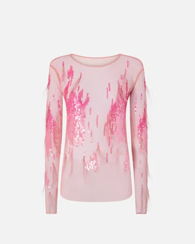 Pinko Sheer Sweater With Sequins And Feathers In Pink