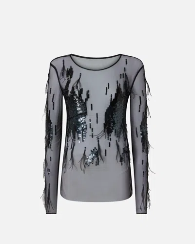 Pinko Sheer Sweater With Sequins And Feathers In Black