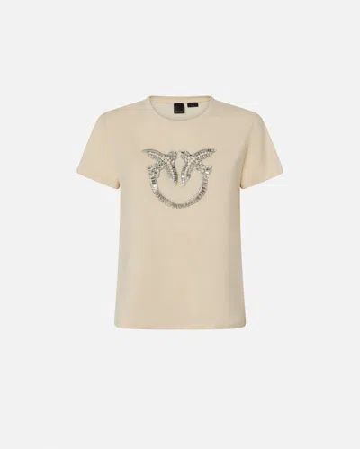 Pinko T-shirt With Crystal-embroidered Love Birds Logo In Blanc Lait