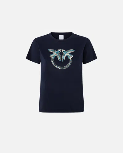 PINKO T-SHIRT WITH CRYSTAL-EMBROIDERED LOVE BIRDS LOGO