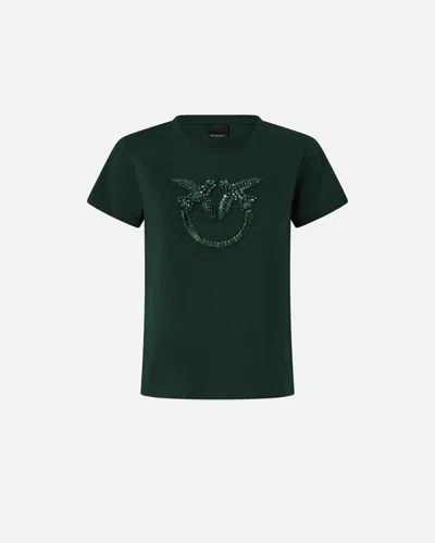Pinko T-shirt With Decorated Love Birds Logo In Green
