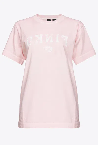 Pinko T-shirt With Logo Print In Coral Red