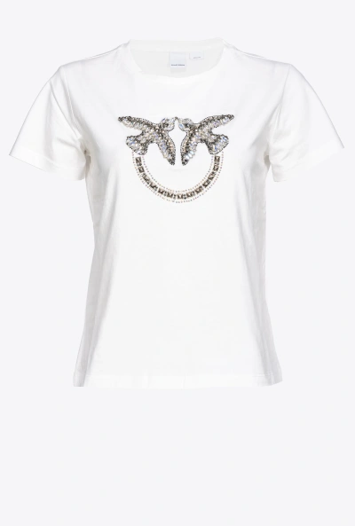 Pinko T-shirt With Love Birds Embroidery In Cloud White