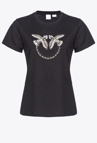 Pinko T-shirt With Love Birds Embroidery In Limo Black