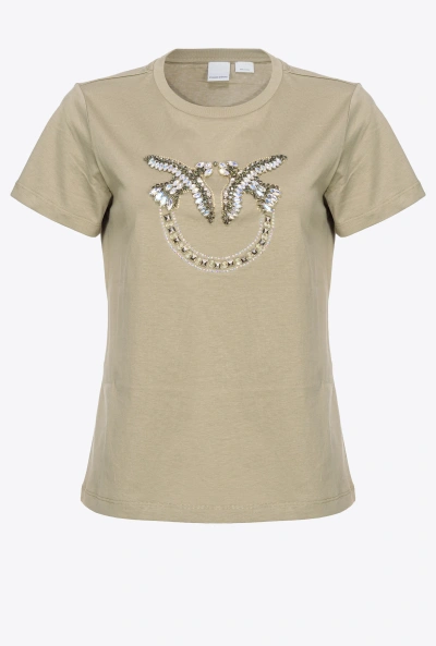 Pinko T-shirt With Love Birds Embroidery In Vertiver Green