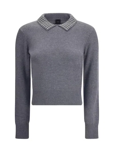 Pinko Rhinestone-decorated Collar Sweater In Gray