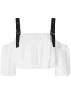 Pinko Cropped Beige Top With Puff Sleeves And Adjustable Straps