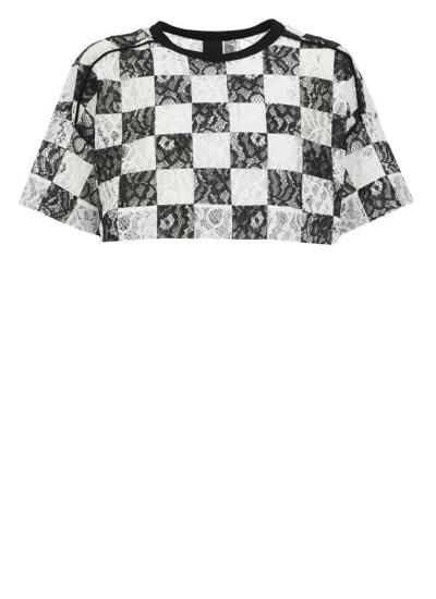 Pinko Sheer Lace Checkered Cropped Top In Black