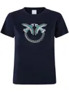 Pinko T-shirt With Crystal-embroidered Love Birds Logo In Blu Abisso