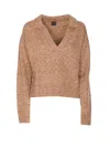 Pinko V-neck Lurex Knit Polo With Long Sleeves In Brown