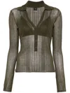 Pinko Ribbed Long-sleeved Top With Deep V-neckline In Green