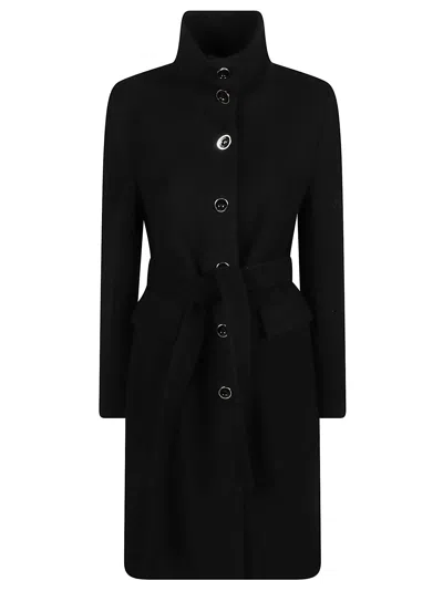 Pinko Wool-blend Coat With High Neck And Belt In Black