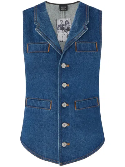 Pinko Tailored Denim Vest With Notched Lapel And Flap Pockets In Blue