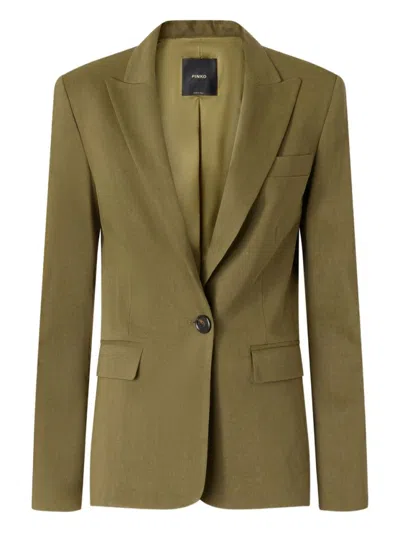 Pinko Tailored Green Linen-viscose Blazer With Notched Lapels