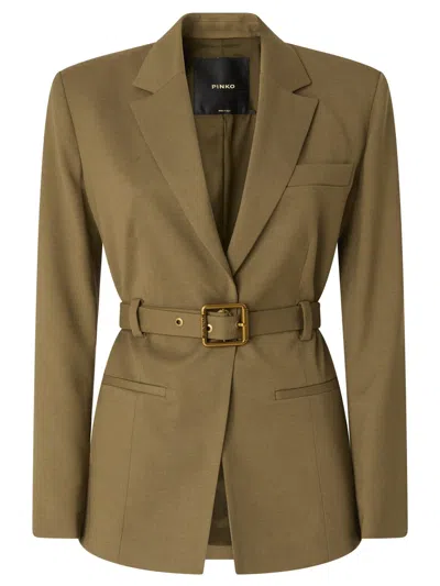 Pinko Tailored Vitiano Blazer With Structured Silhouette And Gold-tone Buckle In Green