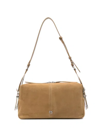 Pinko Tan Suede Buckle Shoulder Bag In Brown