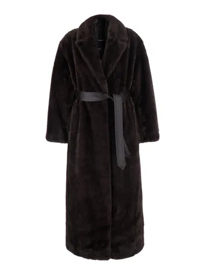Pinko Tech Fabric Mink-look Long Button Jacket With Notched Collar In Black