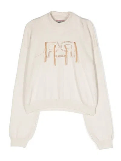 Pinko Teen Embroidered-logo Crew-neck Jumper In Neutrals