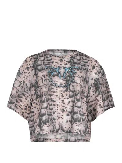 Pinko Terni Crop Snake Print T-shirt With Embellishments In Brown