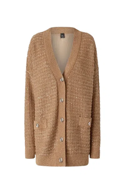 Pinko Textured Knit Sweater With Deep V-neckline In Brown