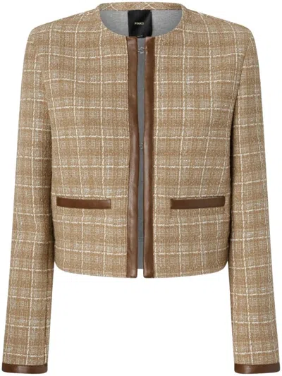 Pinko Textured Plaid Jacket With Leather Trims In Brown