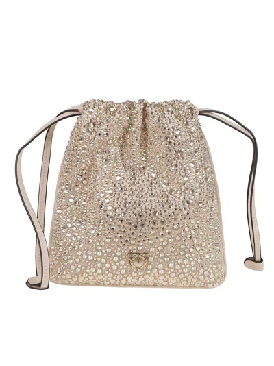 Pinko Textured Rhinestone-embellished Drawstring Bag In Gold