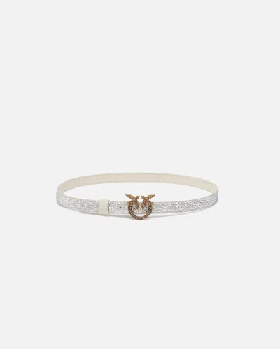 Pinko Thin Belt With Rhinestone And Love Birds Buckle 2cm In Blanc+blanc-or Antique