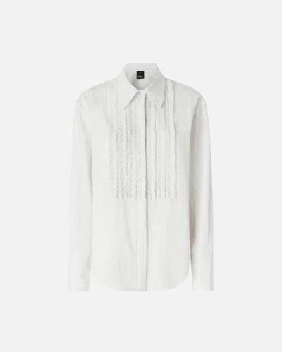 Pinko Thin Striped Shirt With Ruffle In Front In Blanc/noir