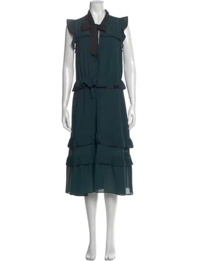 Pre-owned Pinko Tie Neck Midi Length Dress In Green