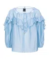 Pinko Solid Color Cotton And Silk Bones Blouse With Ruffles In Blue
