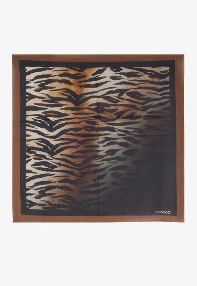 Pinko Tiger Print Silk Scarf In Brown