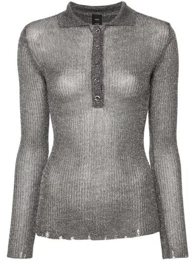 Pinko Lurex Open-knit Polo Top In Gray