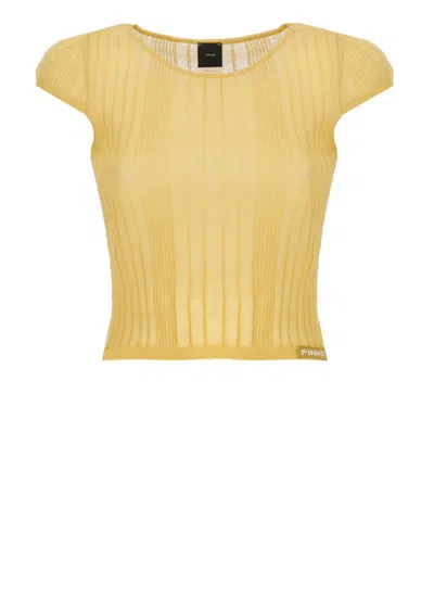 Pinko Ribbed Cap Sleeve Cropped Round Neck Top In Yellow