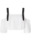 Pinko Cropped Beige Top With Puff Sleeves And Adjustable Straps In White